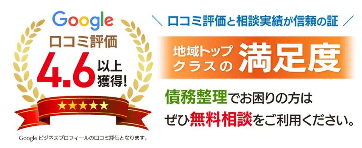 Google 口コミ評価 4.6以上獲得!(※Google ビジネスプロフィールの口コミ評価となります)/口コミ評価と相談実績が信頼の証/地域トップクラスの満足度/債務整理でお困りの方はぜひ無料相談をご利用ください。